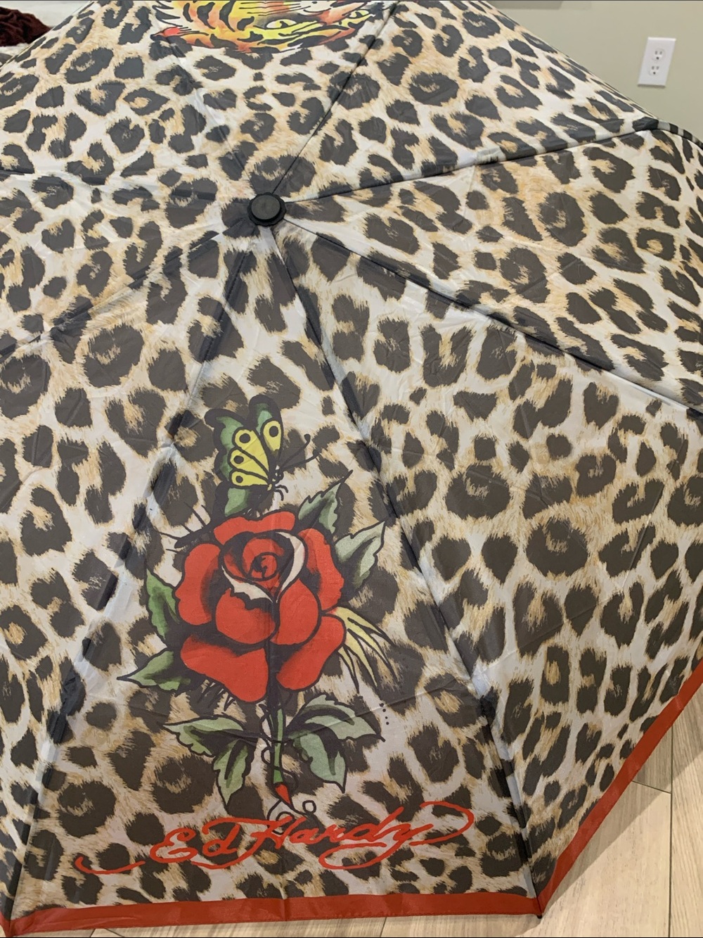 Ed Hardy Leopard Rose Print Umbrella in Red, Beige, Black